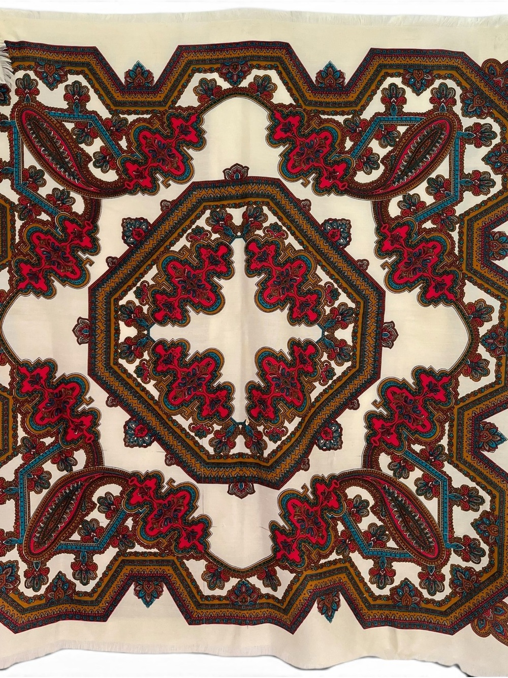 Vtg 80s Large Avon Boho Scarf Reds Blues Browns Fringe
